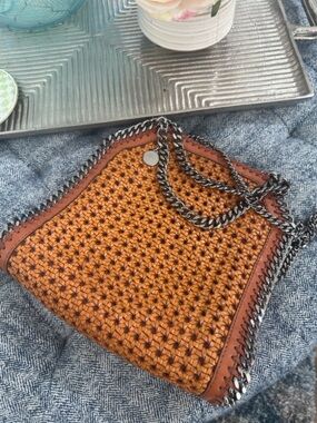 Stella McCartney Woven Tan Crossbody Bag with Gunmetal Chain